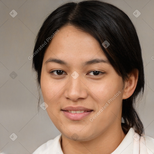 Joyful white young-adult female with medium  brown hair and brown eyes