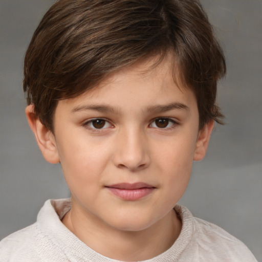 Joyful white child female with short  brown hair and brown eyes