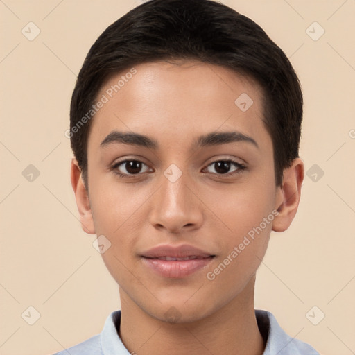 Joyful white young-adult female with short  brown hair and brown eyes