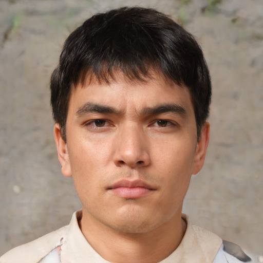 Neutral asian young-adult male with short  brown hair and brown eyes