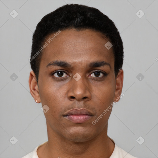 Neutral black young-adult male with short  black hair and brown eyes