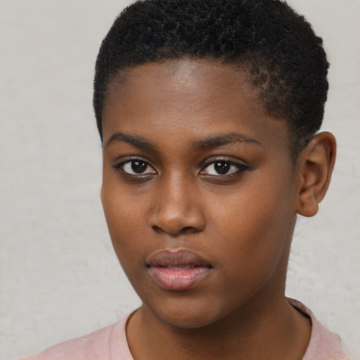 Neutral black young-adult female with short  brown hair and brown eyes