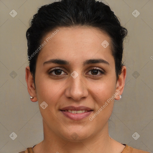 Joyful white young-adult female with short  brown hair and brown eyes