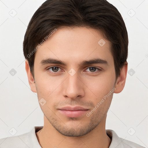 Neutral white young-adult male with short  brown hair and brown eyes