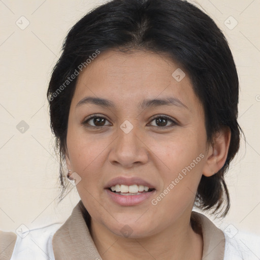 Joyful white young-adult female with medium  brown hair and brown eyes