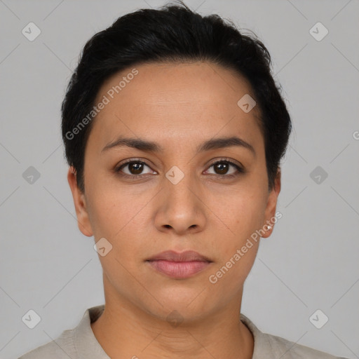 Neutral latino young-adult female with short  black hair and brown eyes