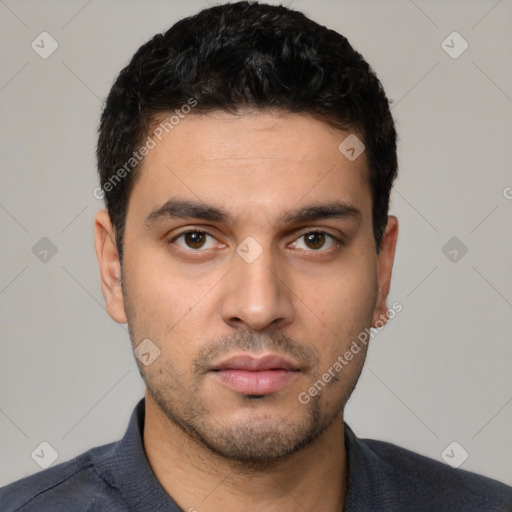 Neutral white young-adult male with short  black hair and brown eyes