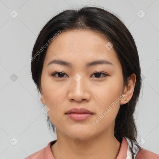 Neutral asian young-adult female with medium  brown hair and brown eyes