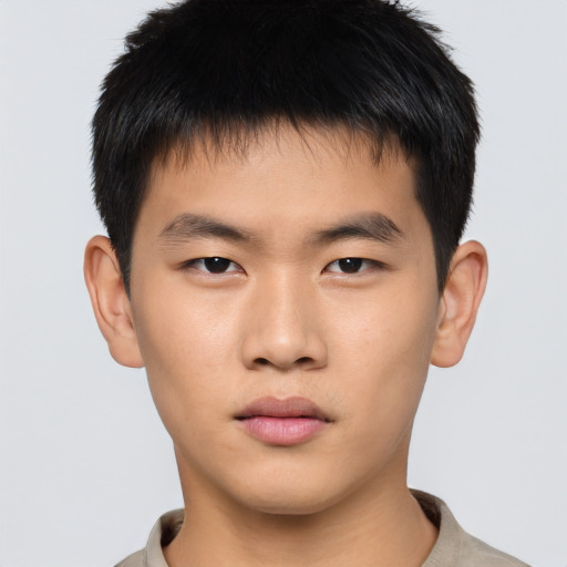 Neutral asian young-adult male with short  brown hair and brown eyes