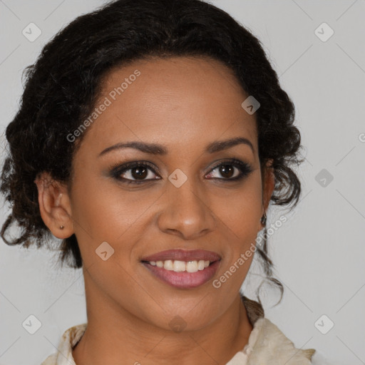 Joyful black young-adult female with medium  brown hair and brown eyes