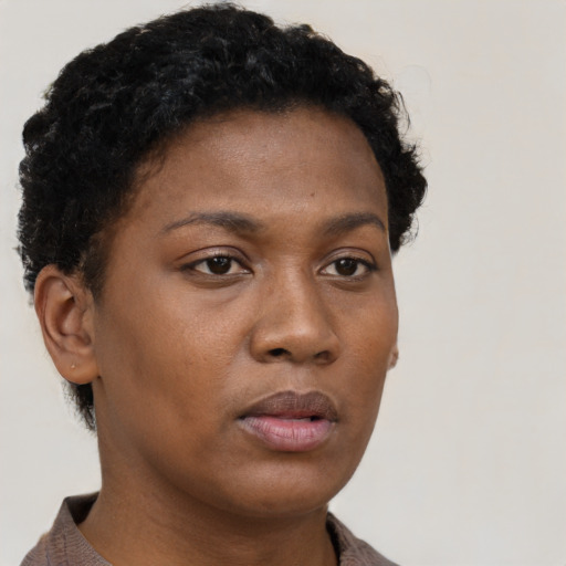 Neutral black young-adult female with short  brown hair and brown eyes