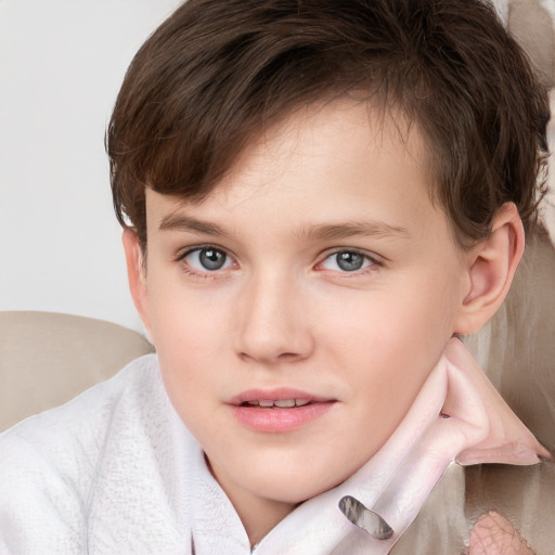 Joyful white child male with medium  brown hair and blue eyes