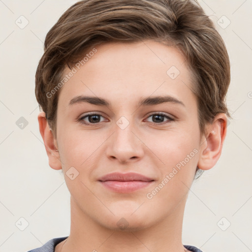 Joyful white young-adult female with short  brown hair and grey eyes