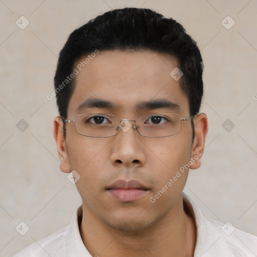 Neutral asian young-adult male with short  black hair and brown eyes