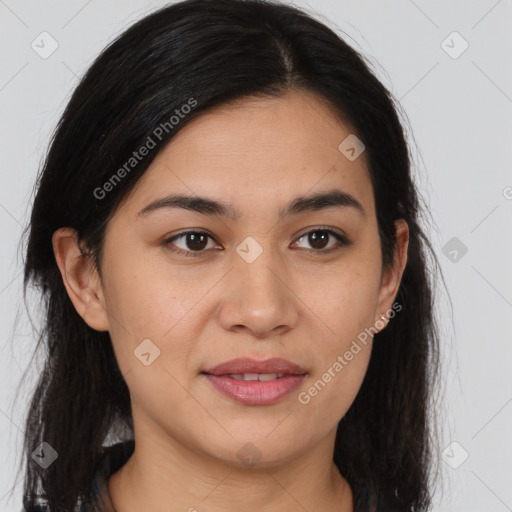 Joyful latino young-adult female with medium  brown hair and brown eyes