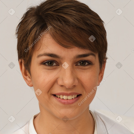 Joyful white young-adult female with short  brown hair and brown eyes