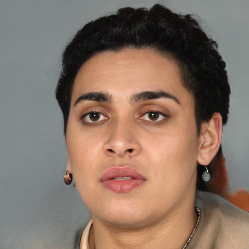 Neutral latino young-adult female with short  black hair and brown eyes
