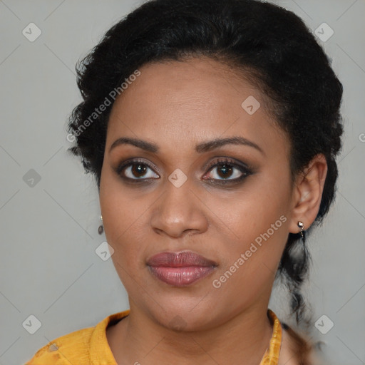 Joyful black young-adult female with medium  brown hair and brown eyes