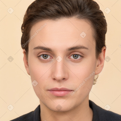 Neutral white young-adult male with short  brown hair and brown eyes