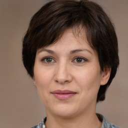 Joyful white adult female with medium  brown hair and brown eyes