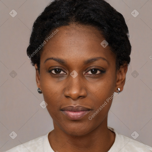 Neutral black young-adult female with short  black hair and brown eyes