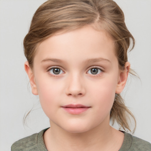 Neutral white child female with medium  brown hair and grey eyes