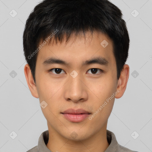 Neutral asian young-adult male with short  brown hair and brown eyes