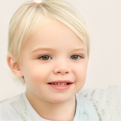 Joyful white child female with medium  brown hair and blue eyes