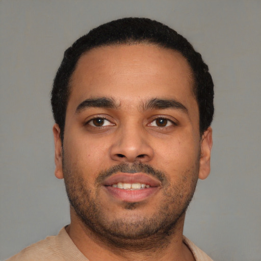 Neutral latino young-adult male with short  black hair and brown eyes