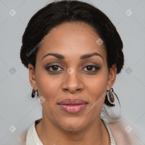 Joyful latino young-adult female with short  brown hair and brown eyes