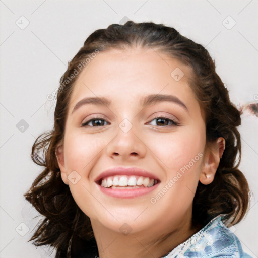 Joyful white young-adult female with medium  brown hair and blue eyes