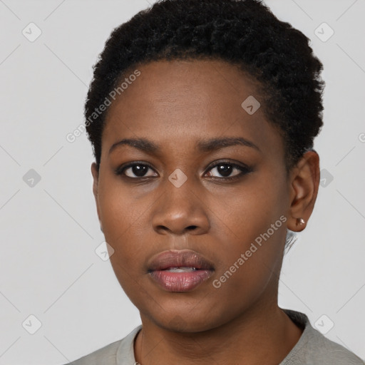 Neutral black young-adult female with short  black hair and brown eyes