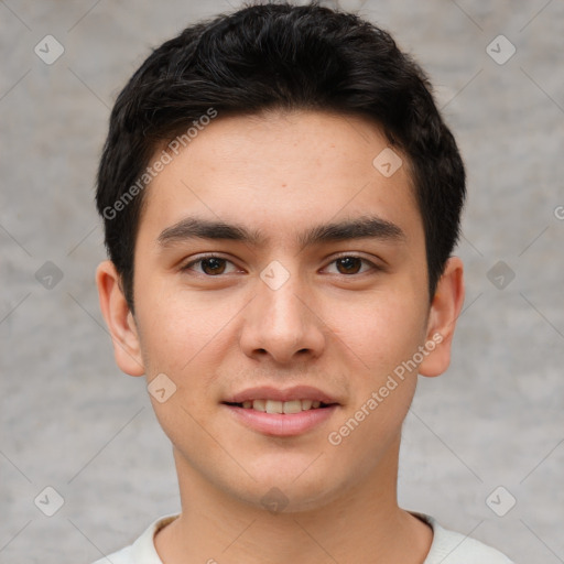 Joyful white young-adult male with short  brown hair and brown eyes