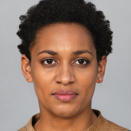 Neutral latino young-adult female with short  black hair and brown eyes