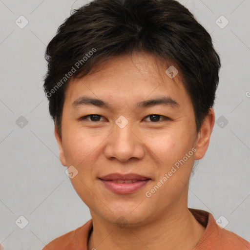 Joyful asian young-adult female with short  brown hair and brown eyes