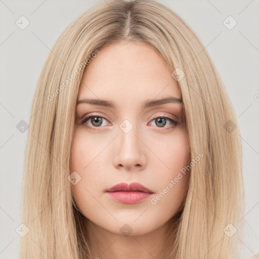 Neutral white young-adult female with long  brown hair and brown eyes