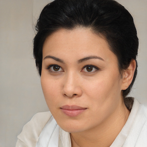 Neutral white young-adult female with medium  brown hair and brown eyes