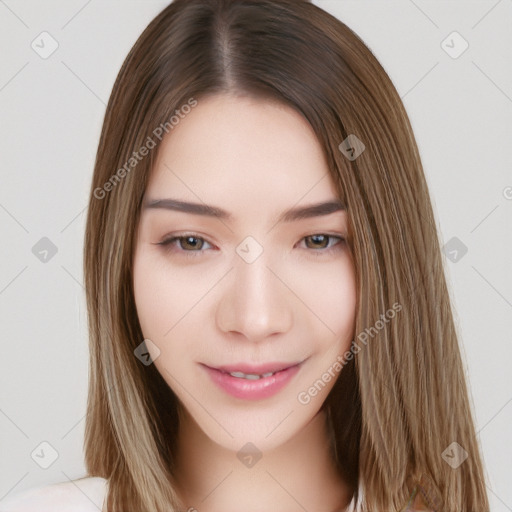 Neutral white young-adult female with long  brown hair and brown eyes