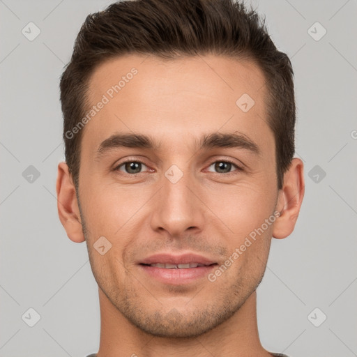 Joyful white young-adult male with short  brown hair and brown eyes