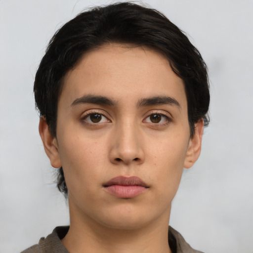 Neutral asian young-adult male with short  black hair and brown eyes