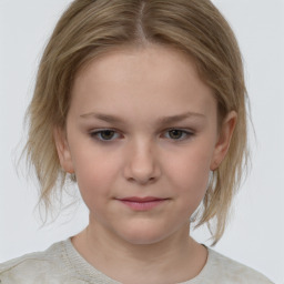 Joyful white child female with medium  brown hair and grey eyes