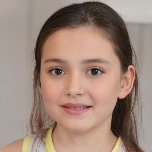 Joyful white child female with medium  brown hair and brown eyes