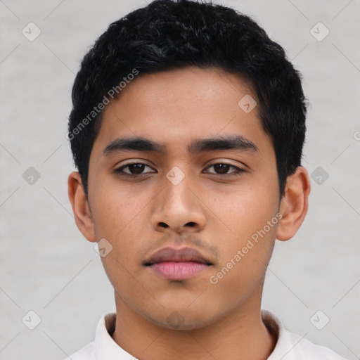 Neutral asian young-adult male with short  black hair and brown eyes