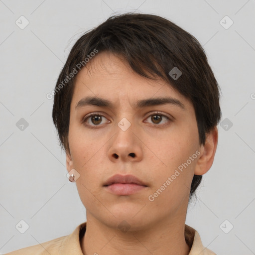 Neutral asian young-adult female with short  brown hair and brown eyes