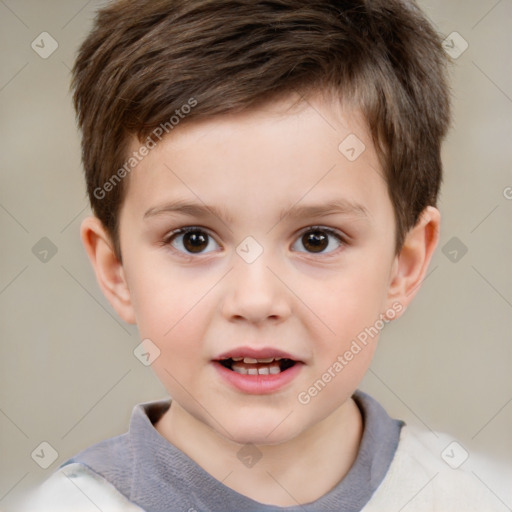 Joyful white child male with short  brown hair and brown eyes