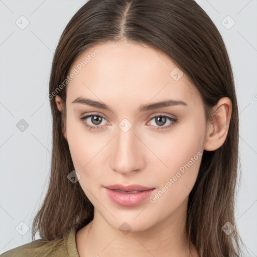 Neutral white young-adult female with long  brown hair and brown eyes