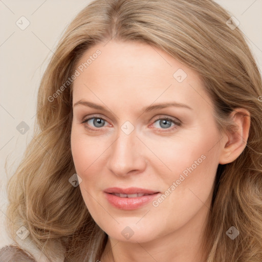 Joyful white young-adult female with long  brown hair and blue eyes