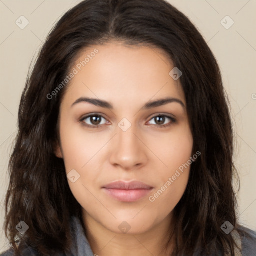 Neutral latino young-adult female with long  brown hair and brown eyes