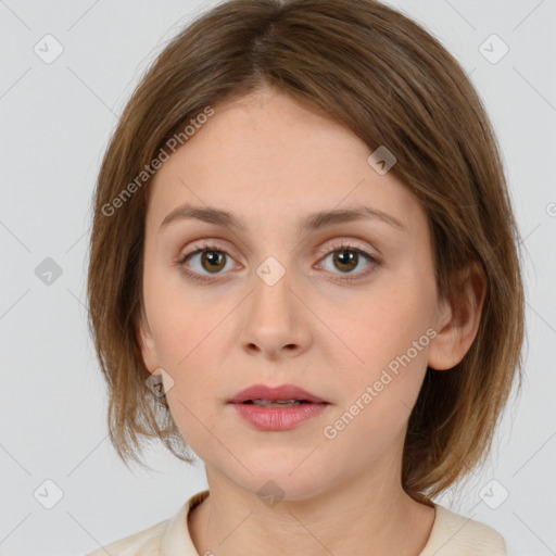 Neutral white young-adult female with medium  brown hair and brown eyes