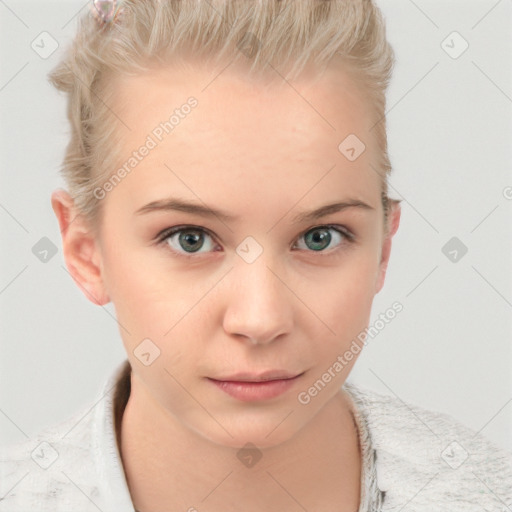 Neutral white young-adult female with short  brown hair and blue eyes